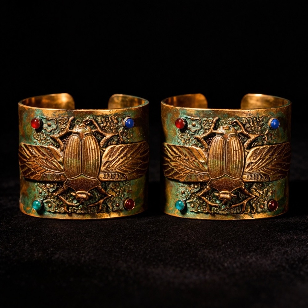 Elaine Coyne Egyptian Scarab Brass Cuff Bracelets SIGNED Pair Patina Gemstone